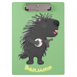 Cute funny porcupine playing banjo cartoon clipboard