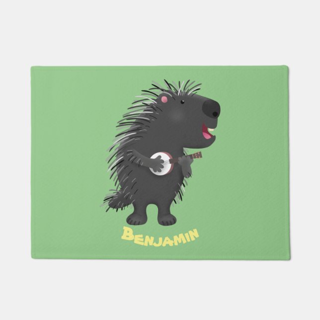 Cute funny porcupine playing banjo cartoon doormat (Front)