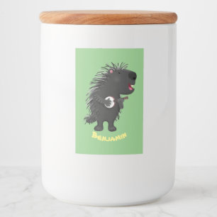 Cute funny porcupine playing banjo cartoon food label