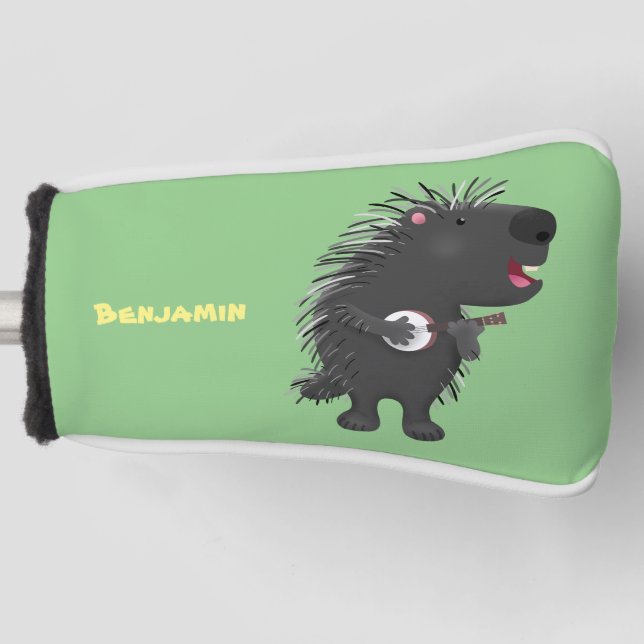 Cute funny porcupine playing banjo cartoon  golf head cover (Front)