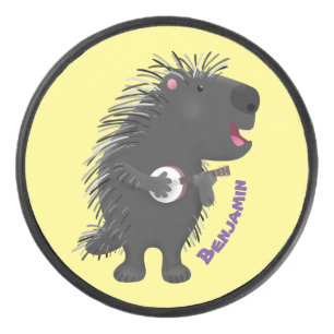Cute funny porcupine playing banjo cartoon hockey puck