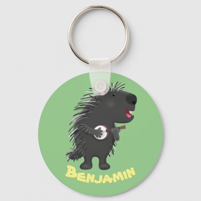 Cute funny porcupine playing banjo cartoon key ring (Front)