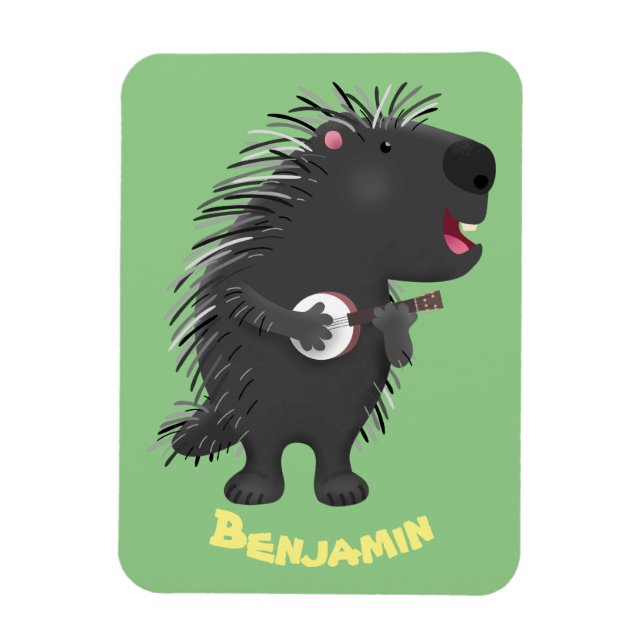 Cute funny porcupine playing banjo cartoon magnet (Vertical)