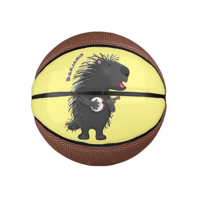 Cute funny porcupine playing banjo cartoon mini basketball (Front)