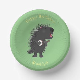 Cute funny porcupine playing banjo cartoon paper plate