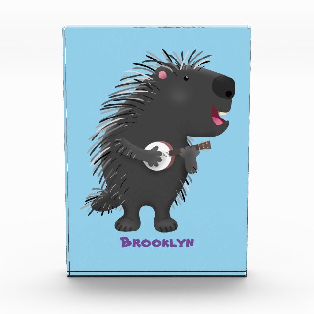 Cute funny porcupine playing banjo cartoon photo block (Front)