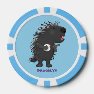 Cute funny porcupine playing banjo cartoon poker chips