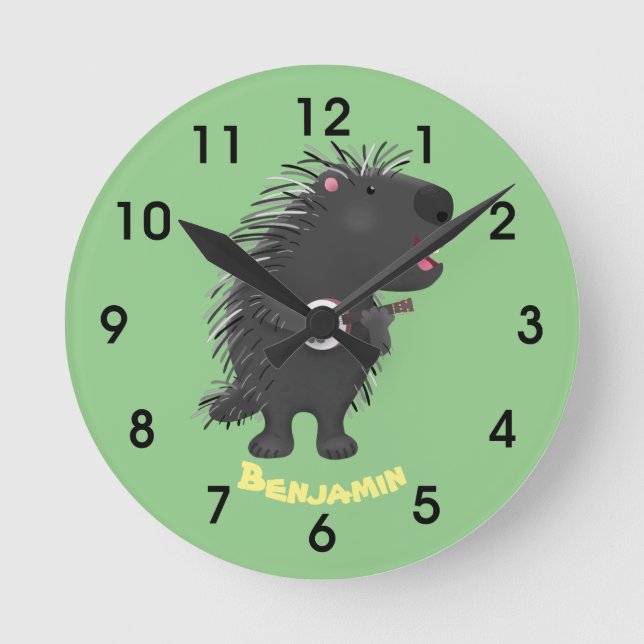 Cute funny porcupine playing banjo cartoon round clock (Front)