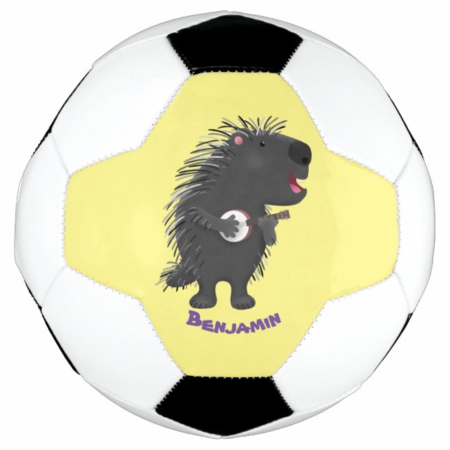 Cute funny porcupine playing banjo cartoon soccer ball (Front)