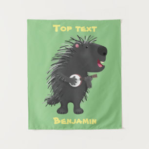 Cute funny porcupine playing banjo cartoon tapestry