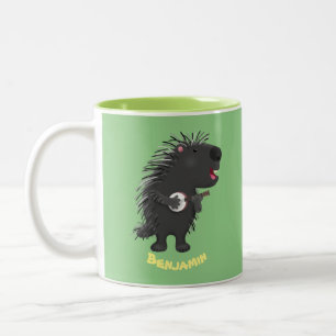 Cute funny porcupine playing banjo cartoon Two-Tone coffee mug