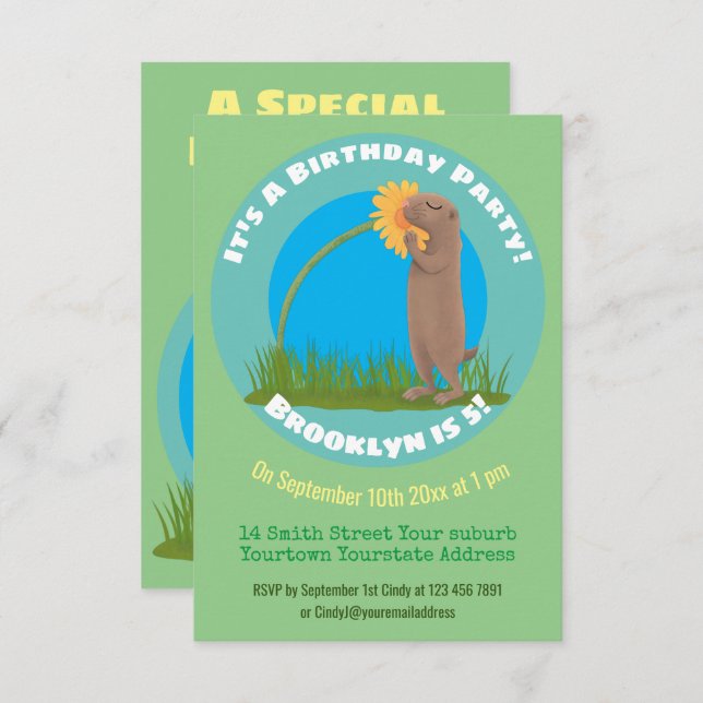 Cute funny prairie dog with flower cartoon invitation (Front/Back)