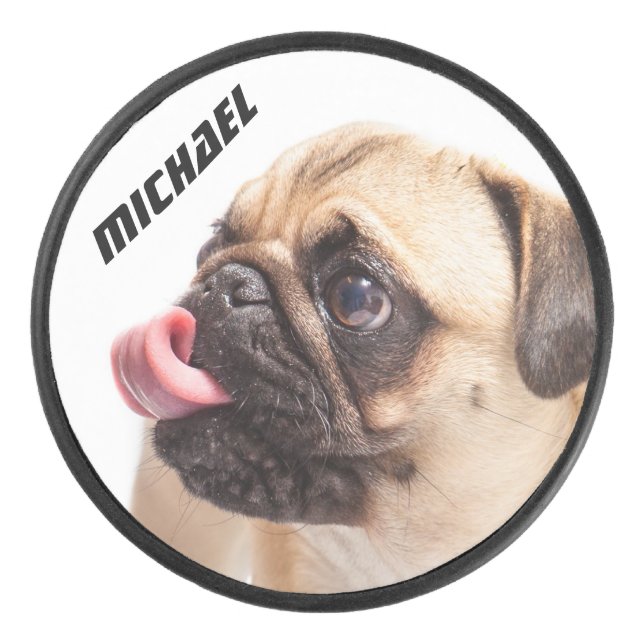 Cute & Funny Pug custom name hockey puck (Front)