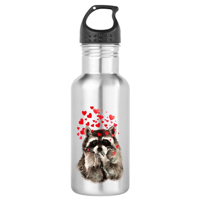 Cute Funny Racoon Blowing Kisses Love Hearts 532 Ml Water Bottle (Front)