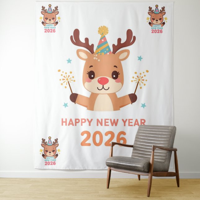 cute funny reindeer happy new year party backdrop tapestry (In Situ)