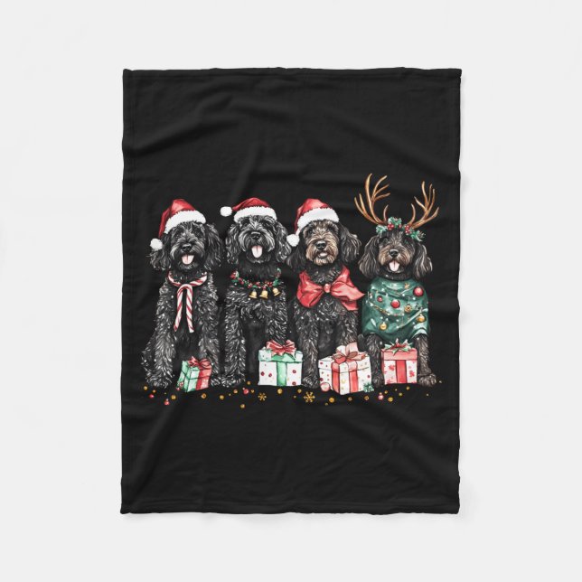 Cute Funny Reindeer Santa Black Goldendoodle Dogs  Fleece Blanket (Front)