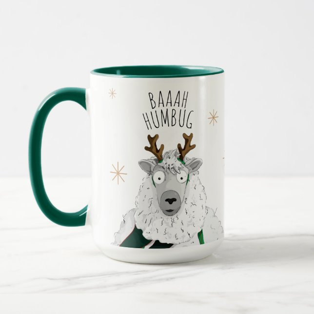 Cute Funny Reindeer Sheep 'Baaah Humbug' Pun Fun Mug (Left)