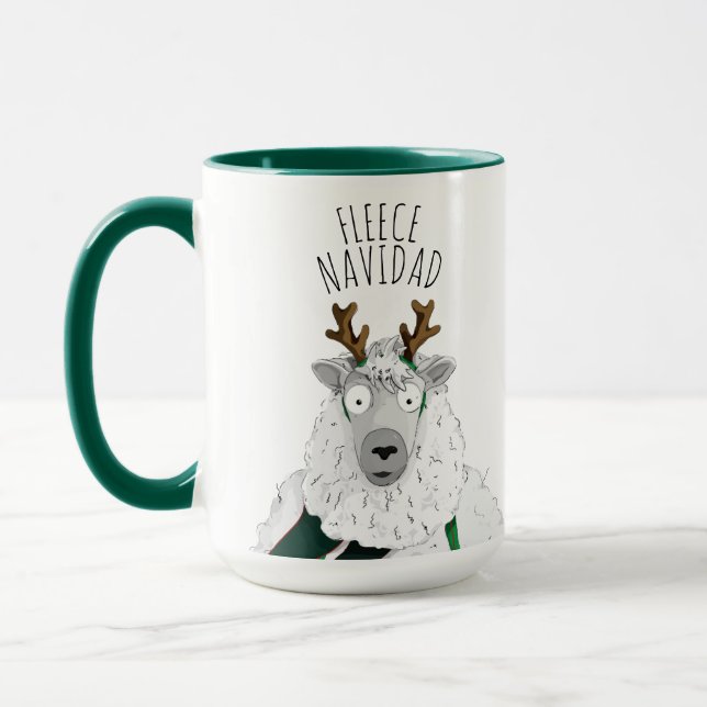 Cute Funny Reindeer Sheep 'FLEECE NAVIDAD' Pun Fun Mug (Left)