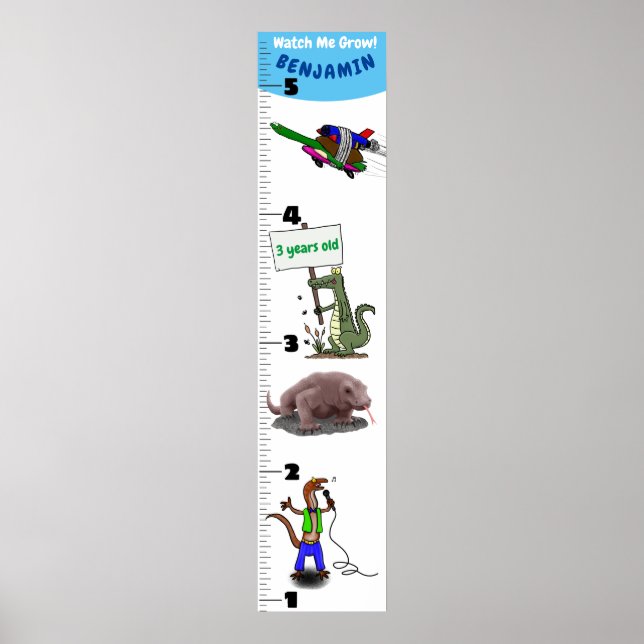 Cute funny reptiles animals cartoon growth chart (Front)