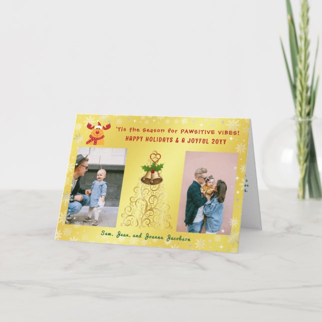 Cute Funny Rudolph 2 Photos Happy Holidays Golden Holiday Card (Front)