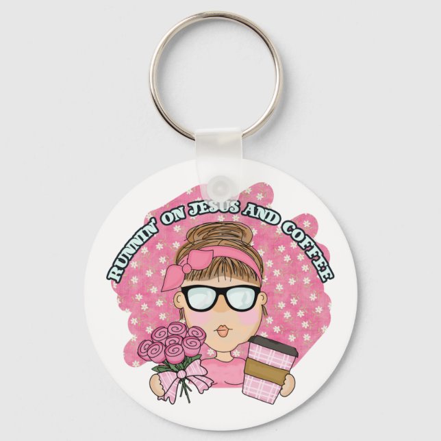 Cute Funny Running on Jesus and Coffee Christian  Key Ring (Front)
