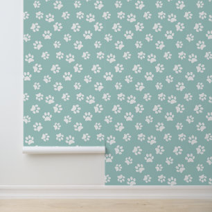   Cute Funny Sage Green & White Cat Dog Paw Prints Wallpaper