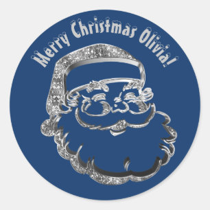 Cute Funny Santa Claus Blue Silver Grey Christmas Classic Round Sticker