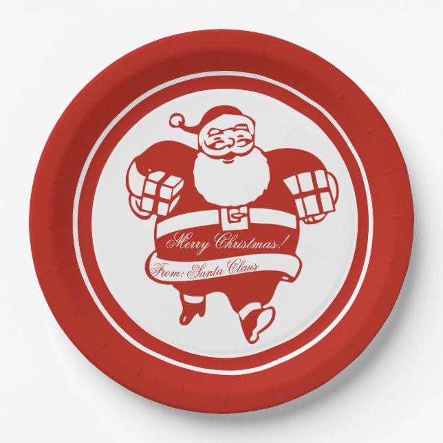 Cute Funny Santa Claus Cartoon Red Christmas Party Paper Plate (Front)