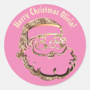 Cute Funny Santa Claus Elegant Faux Gold Pink Classic Round Sticker
