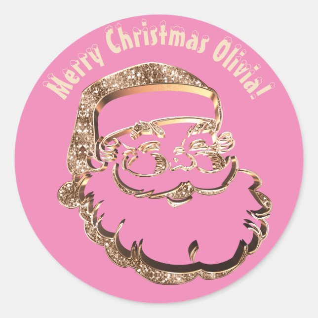 Cute Funny Santa Claus Elegant Faux Gold Pink Classic Round Sticker (Front)