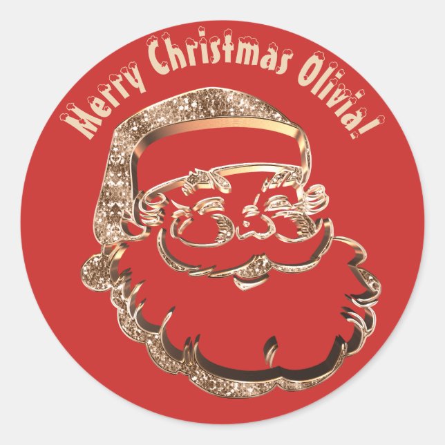 Cute Funny Santa Claus Elegant Gold Faux Glitter Classic Round Sticker (Front)