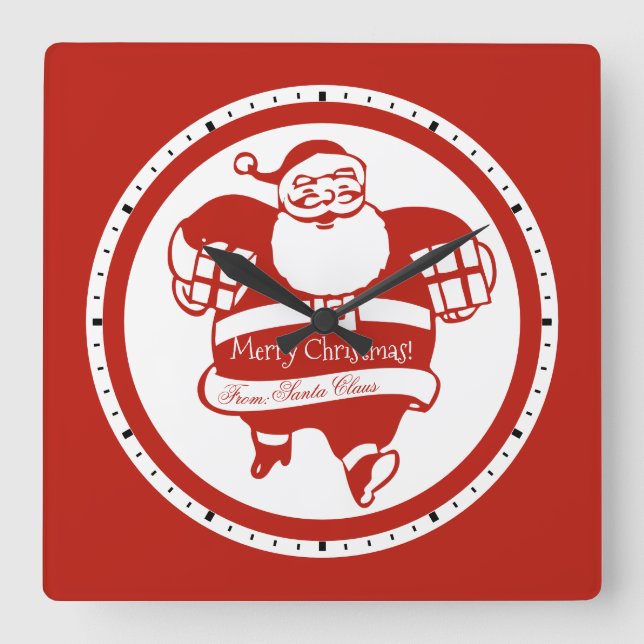 Cute Funny Santa Claus Red and White Christmas Square Wall Clock (Front)