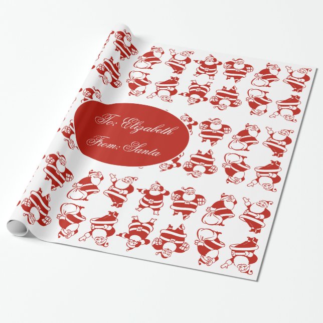 Cute Funny Santa Pattern Red and White Christmas Wrapping Paper (Unrolled)