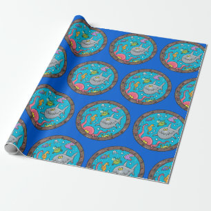 Cute funny sea creatures cartoon illustration wrapping paper
