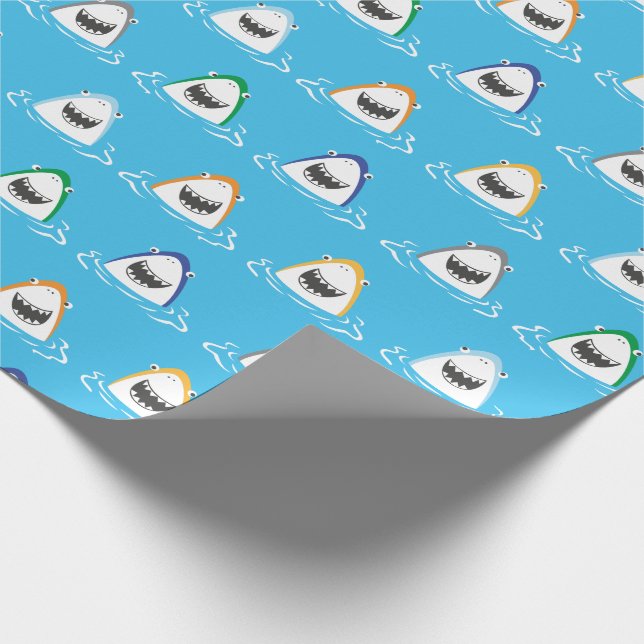 Cute funny Sharks in bright colours on light blue Wrapping Paper (Corner)