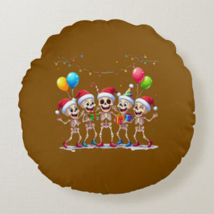 Cute Funny Skeletons Christmas & New Year Celebrat Round Cushion