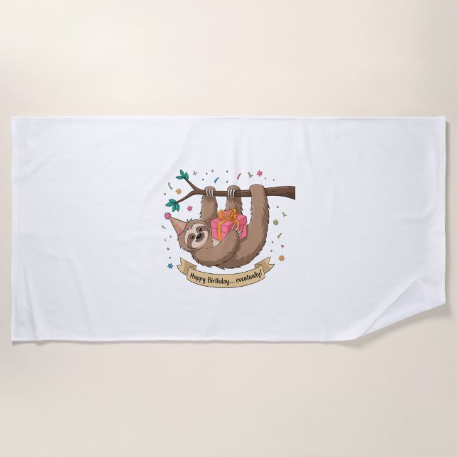 Cute Funny Sloth Happy Birthday Beach Towel (Front)
