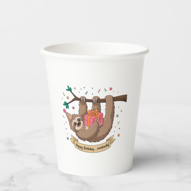 Cute Funny Sloth Happy Birthday Paper Cups (Front)
