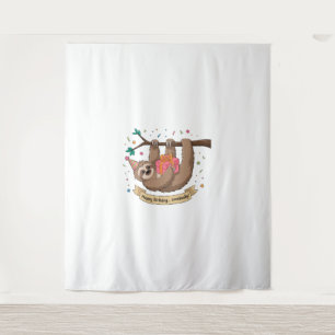 Cute Funny Sloth Happy Birthday Tapestry