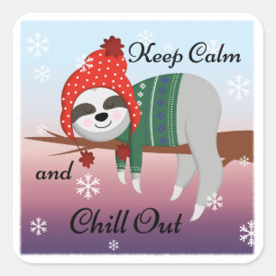 Cute Funny Sloth in Winter Hat & Scarf Motto Square Sticker