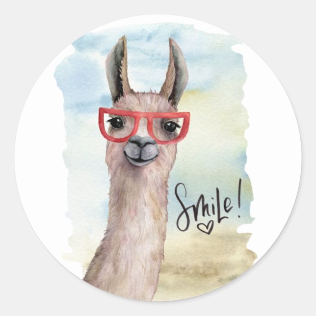 Cute Funny Smile Llama Classic Round Sticker (Front)