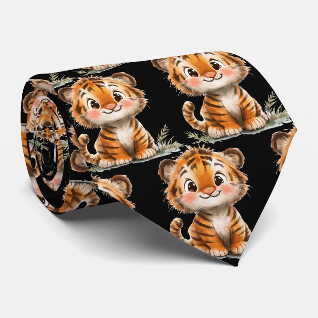 Cute Funny Smiling Tiger Black Neck Tie (Rolled)