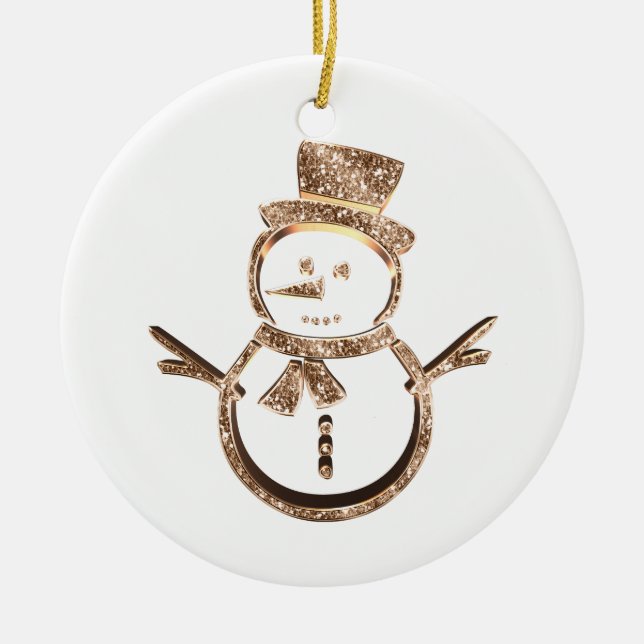 Cute Funny Snowman Elegant Gold and White Ceramic Tree Decoration (Front)