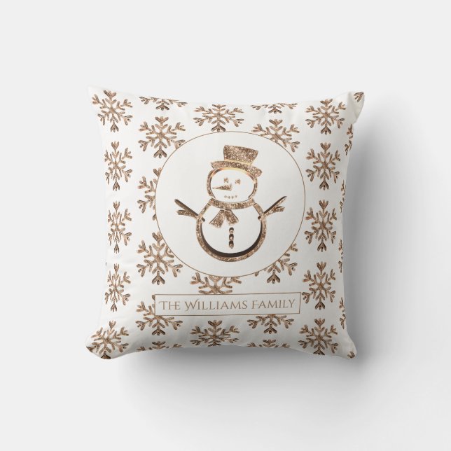 Cute Funny Snowman Snowflakes White and Gold Cushion (Front)