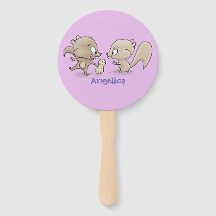Cute funny squirrels cartoon illustration hand fan