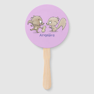 Cute funny squirrels cartoon illustration hand fan