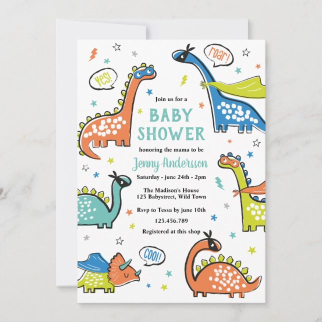 Cute funny superhero dinosaurs on white invitation (Front)