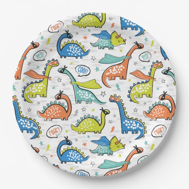 Cute funny superhero dinosaurs paper plate (Front)