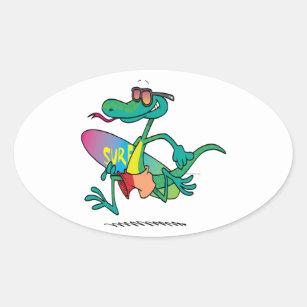 cute funny surfer beach lizard cartoon oval sticker