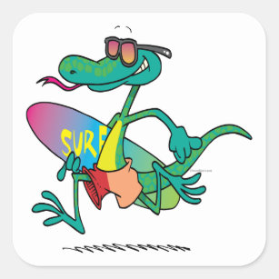 cute funny surfer beach lizard cartoon square sticker